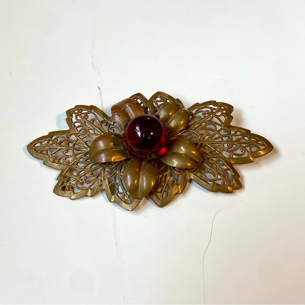 Vintage, Gold-tone Brooch with Red Gem